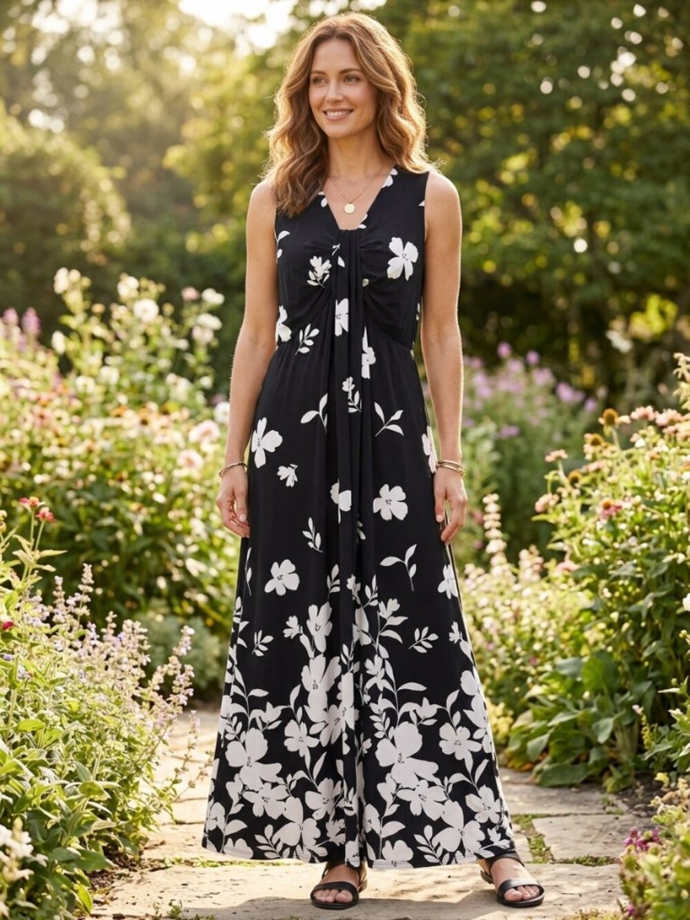 52seven Floral V-Neck Sleeveless Maxi Dress Black White Large